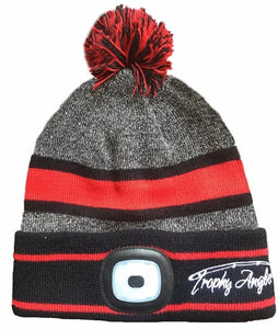 Trophy Rechargable 200 Lumen LED Knit Grey/Red Pom Hat – All Ice Fishing